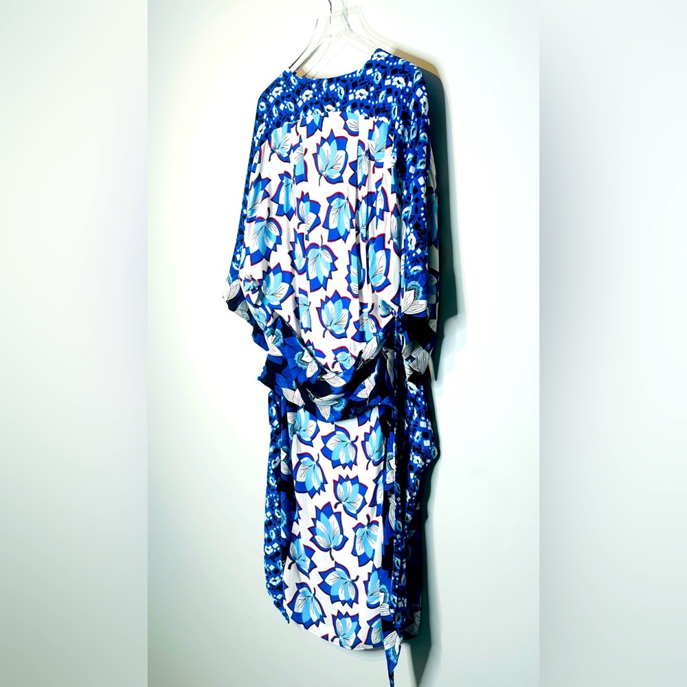 Warm Leaf Kimono Printed Midi Waist Tie Blue White Dress Size 0 - Picture 8 of 16